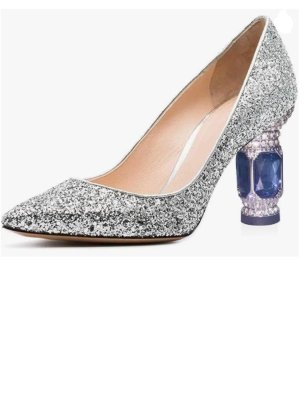FSJ Silver Bridal Pointed Toe Mid Heels Crystal Slip on Wedding Glitter Pumps